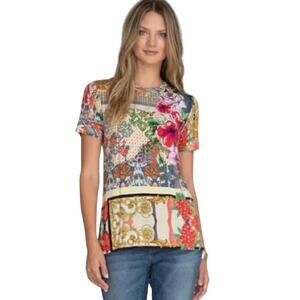 JOHNNY WAS LA Catalina Block Tee Floral Short Sleeve L Bamboo Boho Designer EUC
